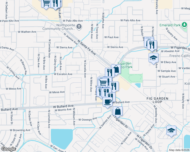 map of restaurants, bars, coffee shops, grocery stores, and more near 4478 West Escalon Avenue in Fresno