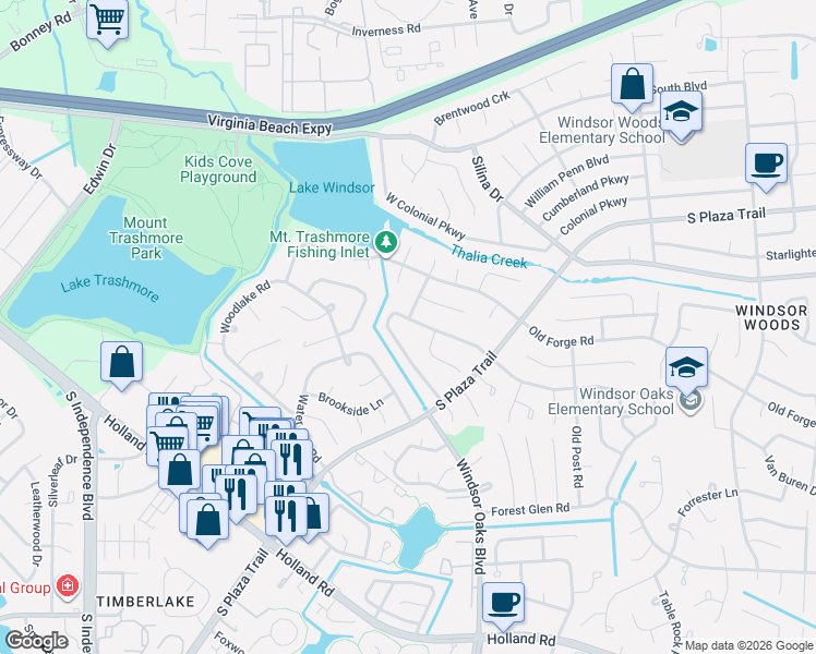 map of restaurants, bars, coffee shops, grocery stores, and more near 4052 Windsor Gate Place in Virginia Beach