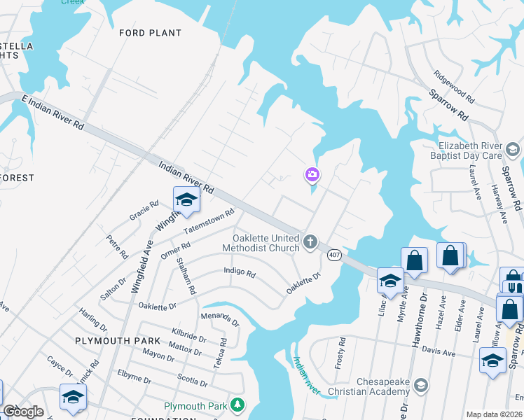 map of restaurants, bars, coffee shops, grocery stores, and more near 1045 Ontario Street in Chesapeake