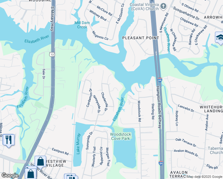 map of restaurants, bars, coffee shops, grocery stores, and more near 624 Copper Kettle Drive in Virginia Beach