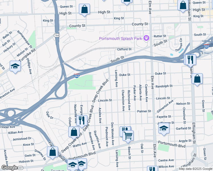 map of restaurants, bars, coffee shops, grocery stores, and more near 1605 Deep Creek Boulevard in Portsmouth
