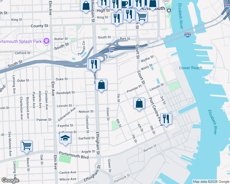 map of restaurants, bars, coffee shops, grocery stores, and more near 316 7th St in Portsmouth
