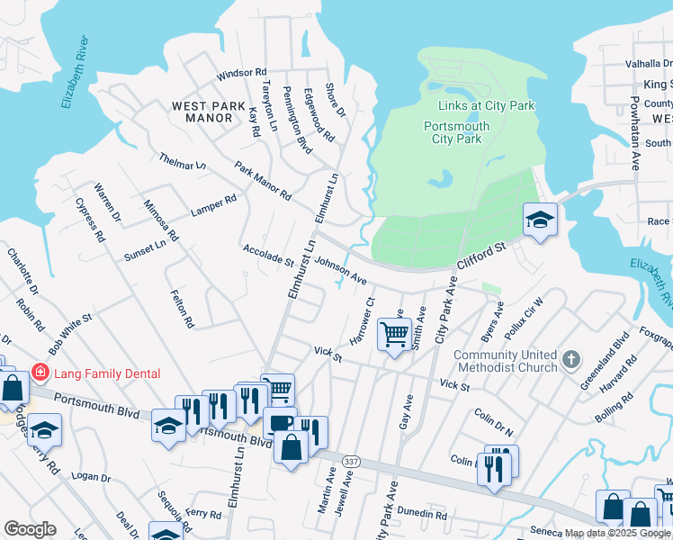 map of restaurants, bars, coffee shops, grocery stores, and more near 5227 Johnson Avenue in Portsmouth