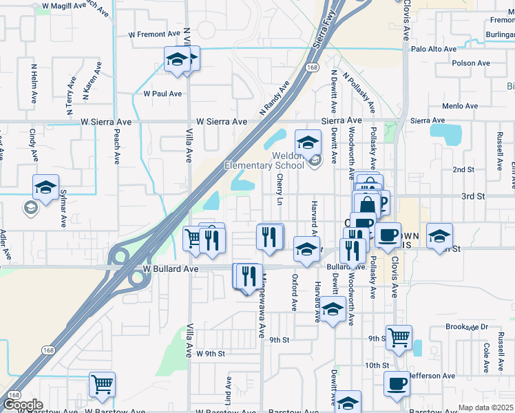 map of restaurants, bars, coffee shops, grocery stores, and more near 350 Minnewawa Avenue in Clovis