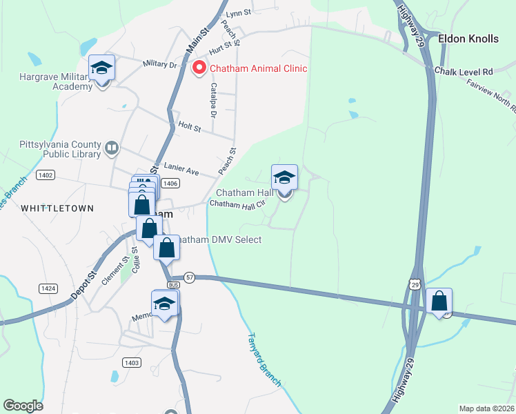 map of restaurants, bars, coffee shops, grocery stores, and more near 375 Chatham Hall Circle in Chatham