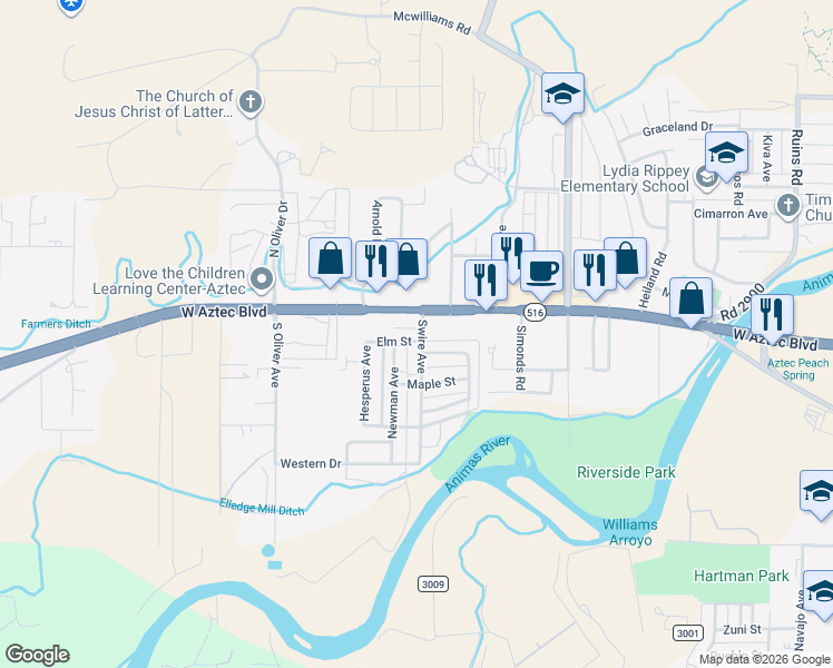 map of restaurants, bars, coffee shops, grocery stores, and more near 1624 West Aztec Boulevard in Aztec