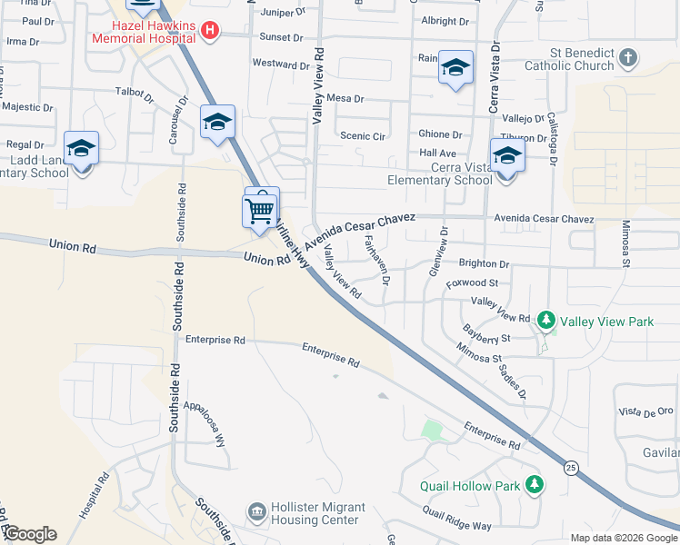 map of restaurants, bars, coffee shops, grocery stores, and more near 1219 Morningside Drive in Hollister