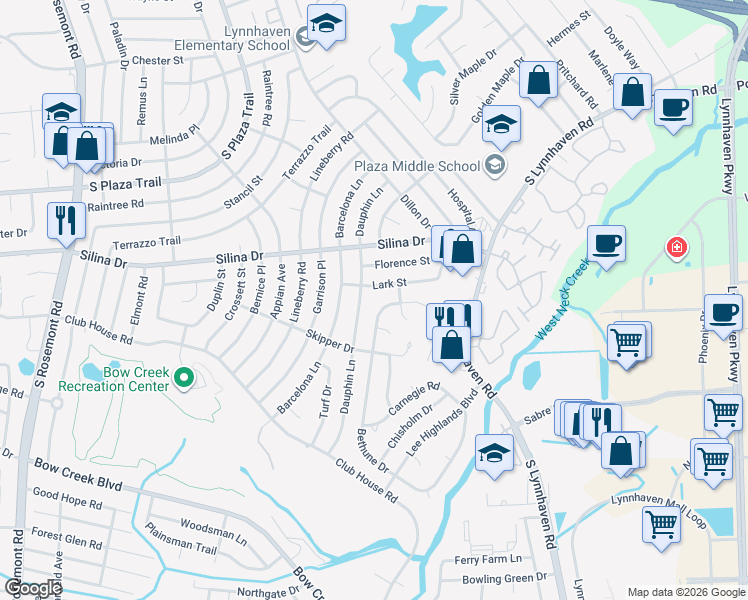 map of restaurants, bars, coffee shops, grocery stores, and more near 3249 Lark Street in Virginia Beach