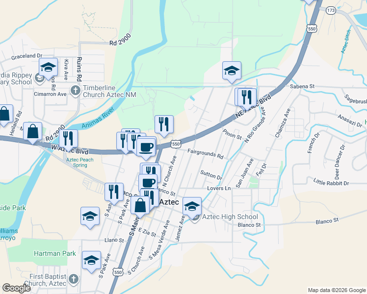 map of restaurants, bars, coffee shops, grocery stores, and more near 206 Northeast Aztec Boulevard in Aztec
