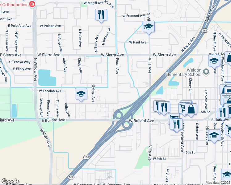 map of restaurants, bars, coffee shops, grocery stores, and more near 323 Peach Avenue in Clovis