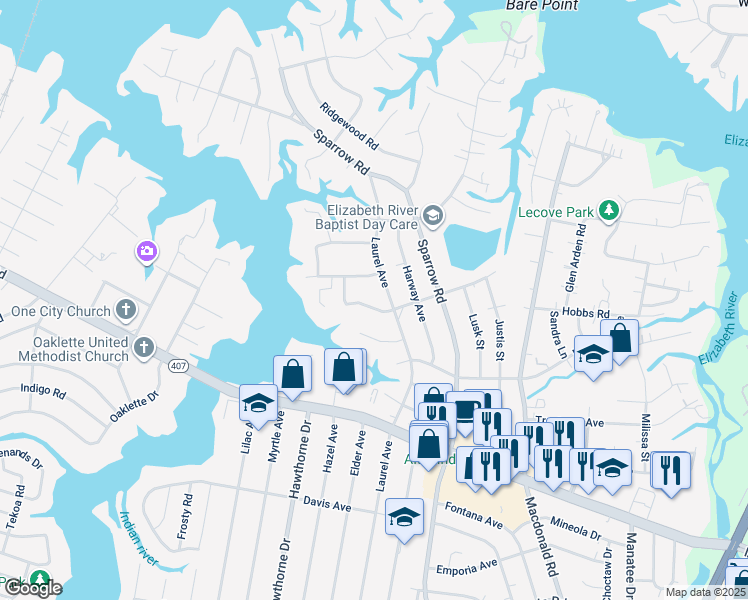 map of restaurants, bars, coffee shops, grocery stores, and more near 4121 Chowan Avenue in Chesapeake