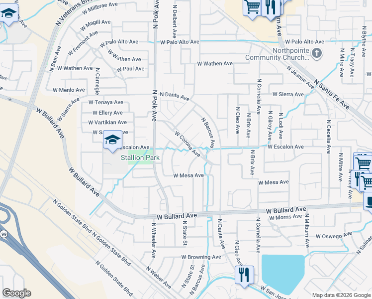 map of restaurants, bars, coffee shops, grocery stores, and more near 5430 West Sample Avenue in Fresno