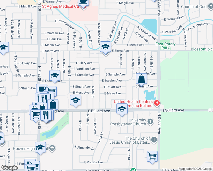 map of restaurants, bars, coffee shops, grocery stores, and more near 1477 East Escalon Avenue in Fresno
