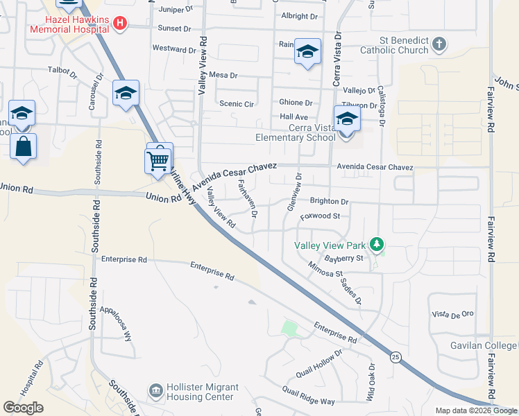 map of restaurants, bars, coffee shops, grocery stores, and more near 2310 Fairhaven Drive in Hollister