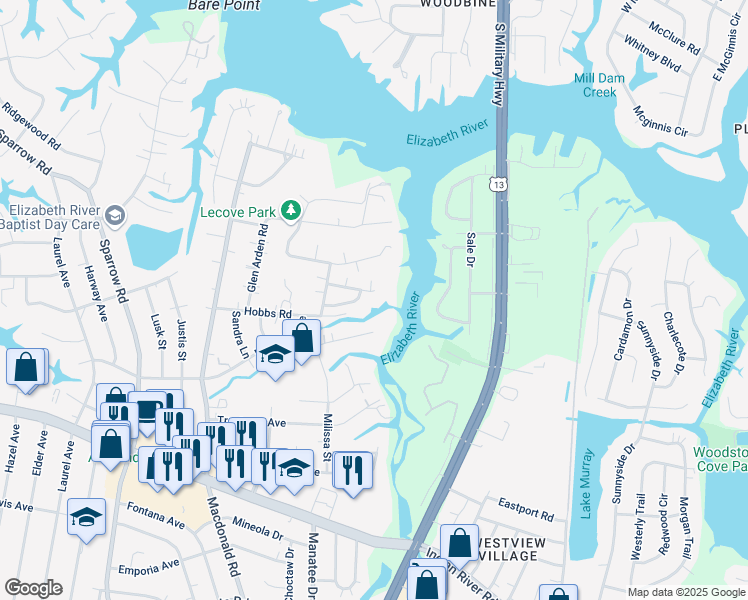 map of restaurants, bars, coffee shops, grocery stores, and more near 801 Kings Creek Drive in Virginia Beach