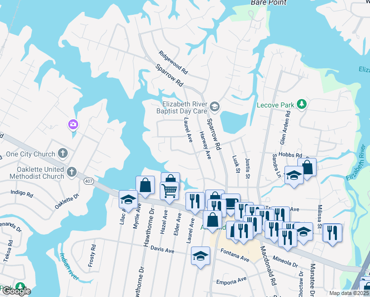 map of restaurants, bars, coffee shops, grocery stores, and more near 4121 Chowan Avenue in Chesapeake