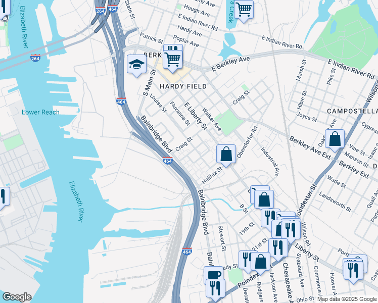map of restaurants, bars, coffee shops, grocery stores, and more near 1020 Craig Street in Norfolk