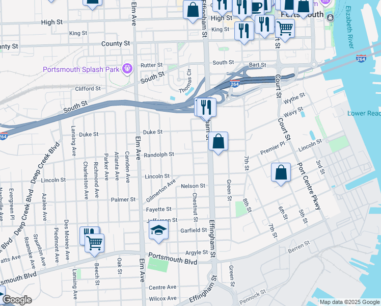 map of restaurants, bars, coffee shops, grocery stores, and more near 1609 Chestnut Street in Portsmouth