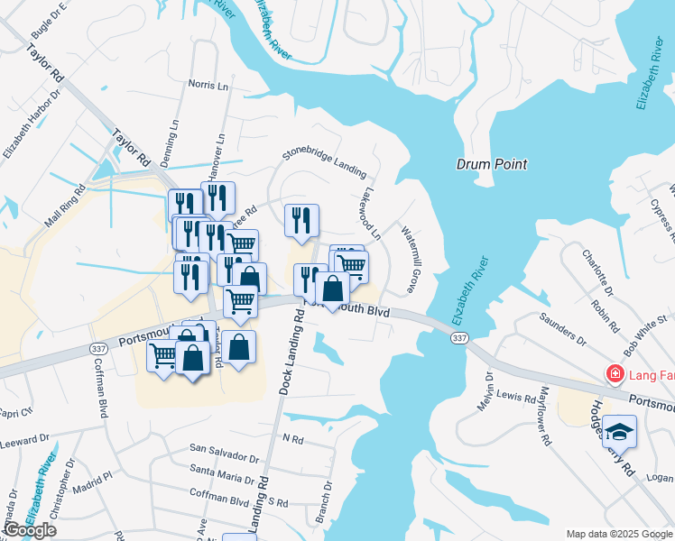 map of restaurants, bars, coffee shops, grocery stores, and more near 4176 Prindle Court in Chesapeake