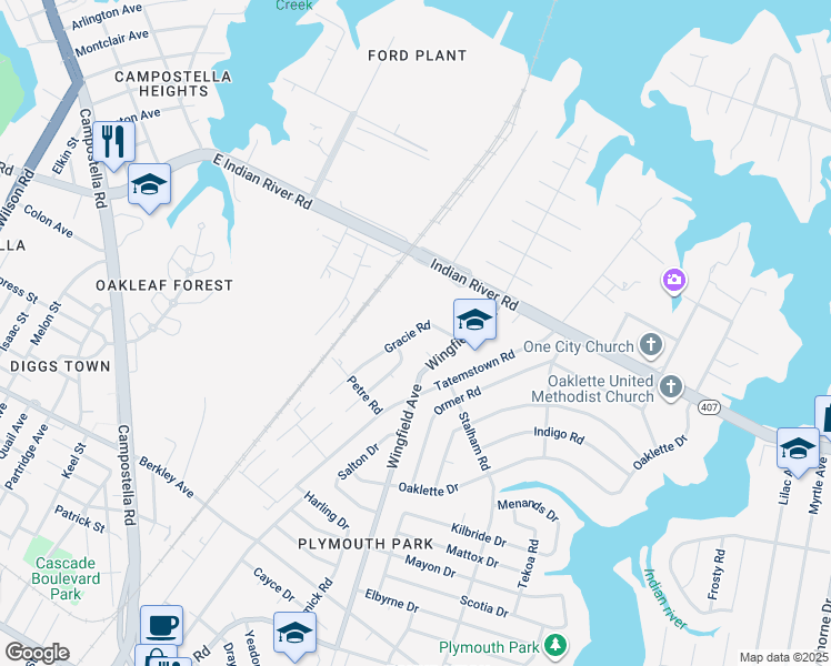map of restaurants, bars, coffee shops, grocery stores, and more near 345 Gracie Road in Chesapeake