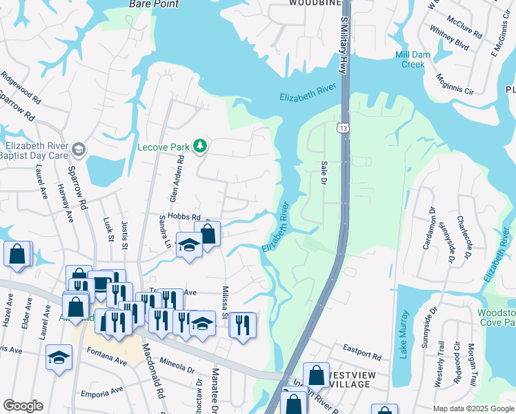 map of restaurants, bars, coffee shops, grocery stores, and more near 801 Kings Creek Drive in Virginia Beach