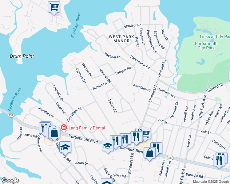 map of restaurants, bars, coffee shops, grocery stores, and more near 408 Mimosa Road in Portsmouth