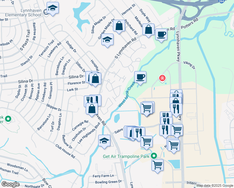 map of restaurants, bars, coffee shops, grocery stores, and more near 531 Pheasant Run in Virginia Beach