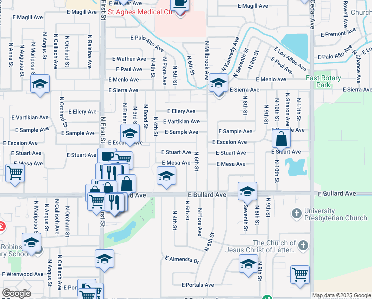 map of restaurants, bars, coffee shops, grocery stores, and more near 1341 East Escalon Avenue in Fresno