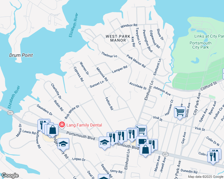 map of restaurants, bars, coffee shops, grocery stores, and more near 408 Mimosa Road in Portsmouth
