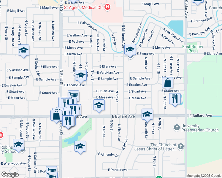 map of restaurants, bars, coffee shops, grocery stores, and more near 1341 East Escalon Avenue in Fresno