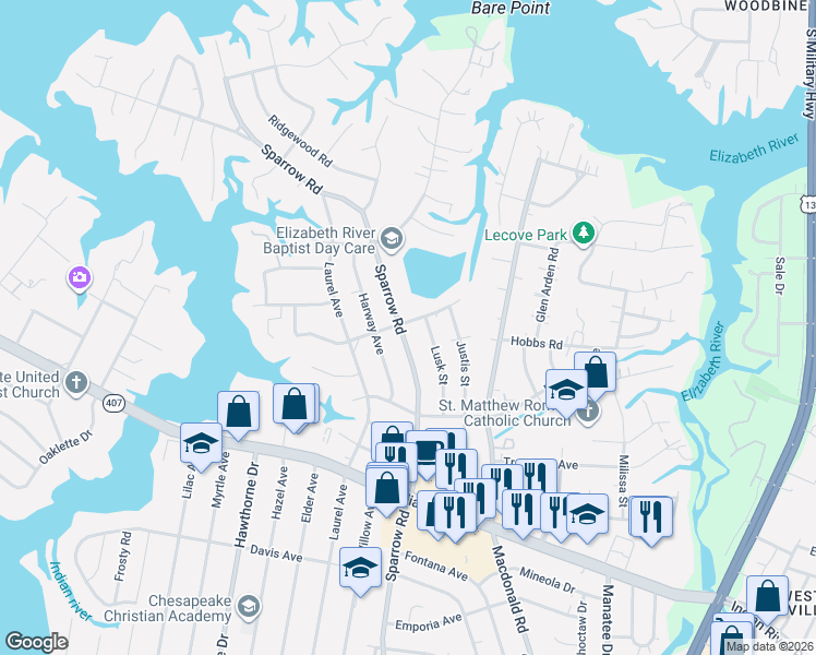 map of restaurants, bars, coffee shops, grocery stores, and more near 620 Sparrow Road in Chesapeake