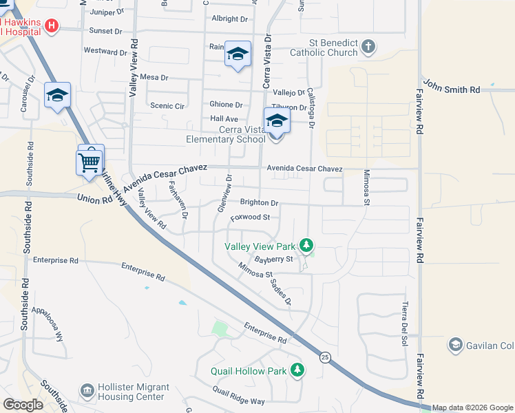 map of restaurants, bars, coffee shops, grocery stores, and more near 1570 Brighton Drive in Hollister