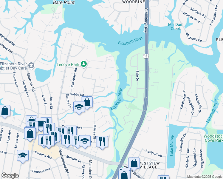 map of restaurants, bars, coffee shops, grocery stores, and more near 796 Kings Creek Drive in Virginia Beach