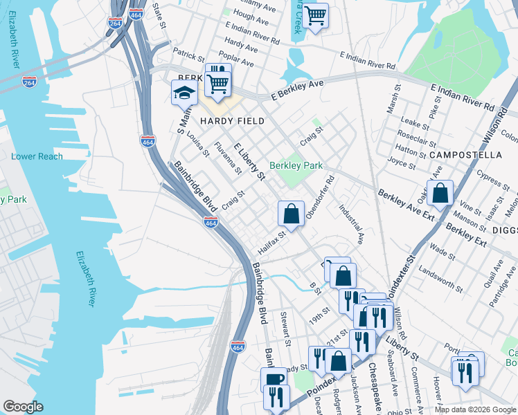 map of restaurants, bars, coffee shops, grocery stores, and more near 900 Middlesex Street in Norfolk