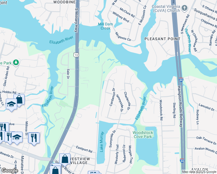 map of restaurants, bars, coffee shops, grocery stores, and more near 544 Hunts Pointe Drive in Virginia Beach