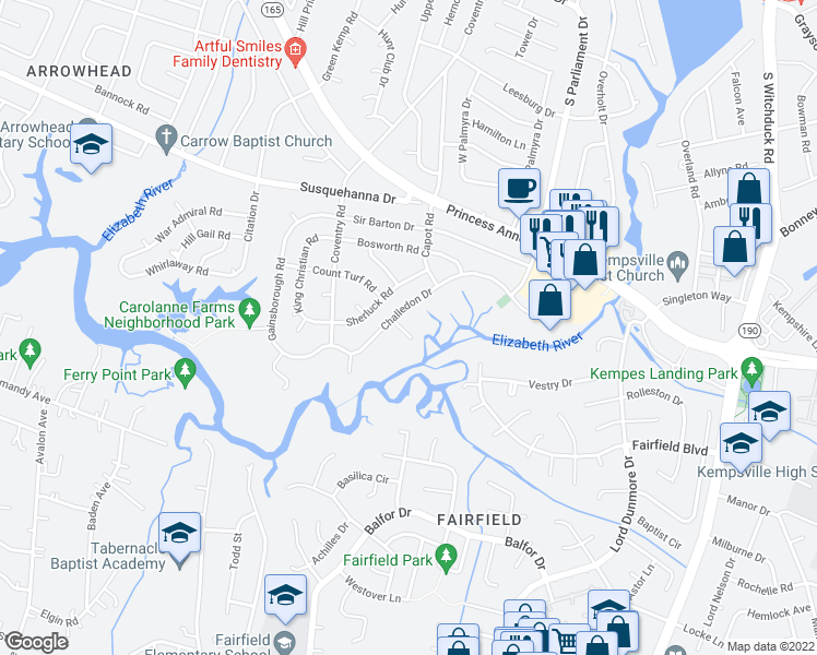 map of restaurants, bars, coffee shops, grocery stores, and more near 5353 Challedon Drive in Virginia Beach