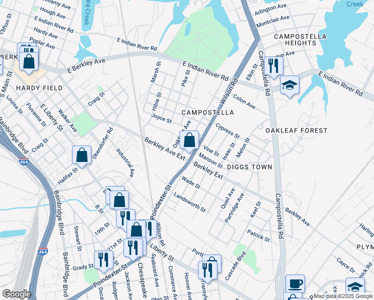 map of restaurants, bars, coffee shops, grocery stores, and more near 1718 Selden Avenue in Norfolk