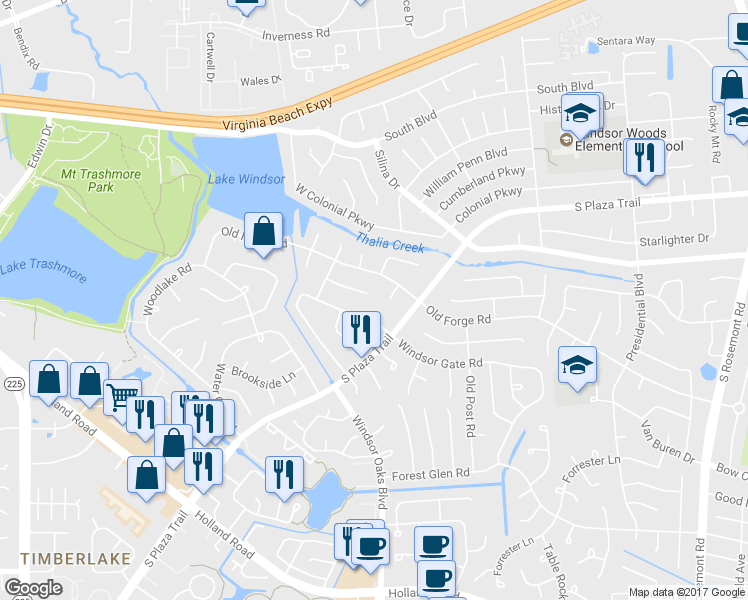 map of restaurants, bars, coffee shops, grocery stores, and more near 3901 Hillridge Court in Virginia Beach