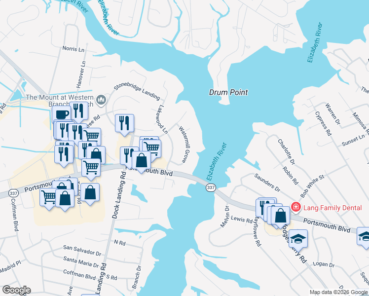 map of restaurants, bars, coffee shops, grocery stores, and more near 2420 Watermill Grove in Chesapeake