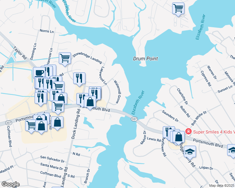 map of restaurants, bars, coffee shops, grocery stores, and more near 2420 Watermill Grove in Chesapeake