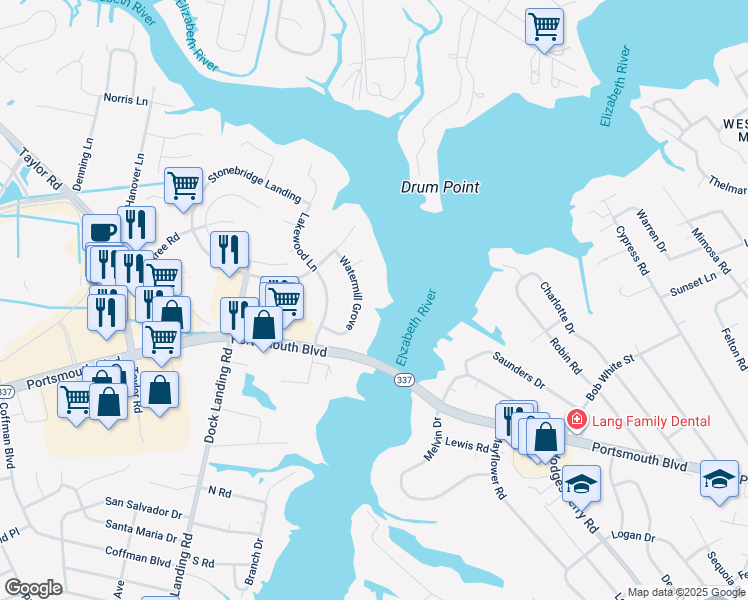 map of restaurants, bars, coffee shops, grocery stores, and more near 2429 Watermill Grove in Chesapeake