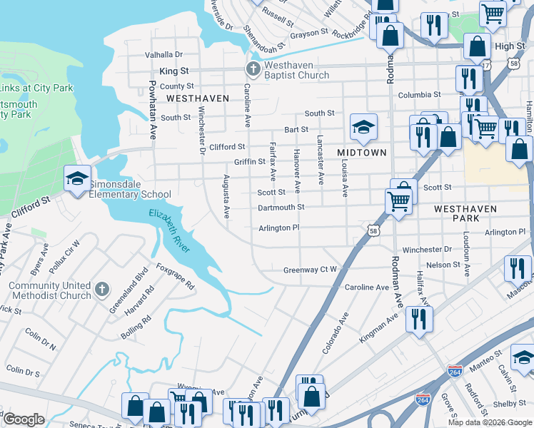 map of restaurants, bars, coffee shops, grocery stores, and more near 4203 Dartmouth Street in Portsmouth