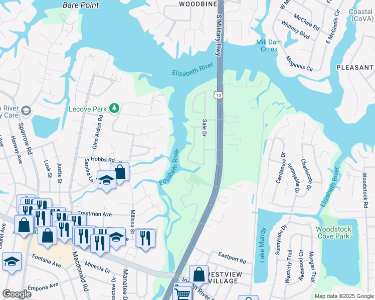 map of restaurants, bars, coffee shops, grocery stores, and more near 3433 South Crestline Drive in Virginia Beach