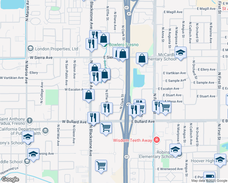 map of restaurants, bars, coffee shops, grocery stores, and more near 147 East Escalon Avenue in Fresno