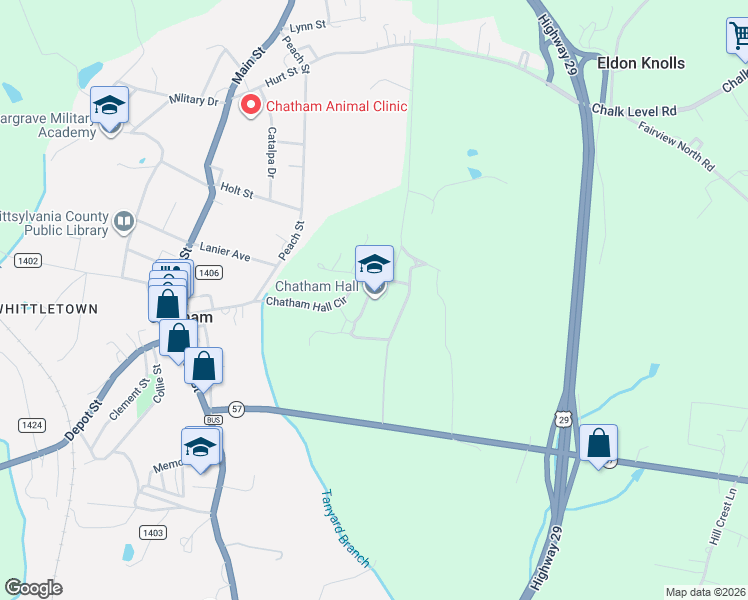 map of restaurants, bars, coffee shops, grocery stores, and more near 800 Chatham Hall Cir in Chatham
