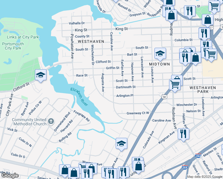 map of restaurants, bars, coffee shops, grocery stores, and more near 4303 Dartmouth Street in Portsmouth