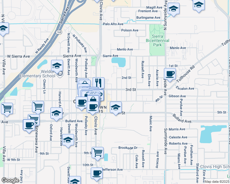 map of restaurants, bars, coffee shops, grocery stores, and more near 830 3rd Street in Clovis