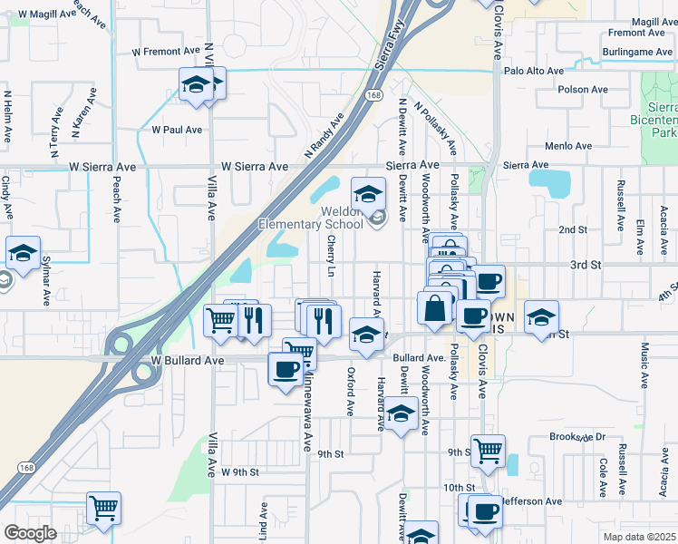 map of restaurants, bars, coffee shops, grocery stores, and more near 303 Cherry Lane in Clovis