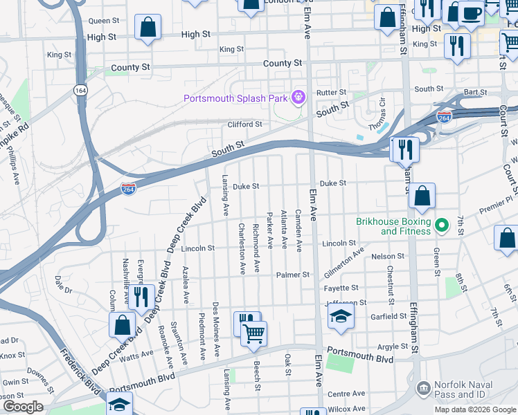 map of restaurants, bars, coffee shops, grocery stores, and more near 1618 Parker Avenue in Portsmouth