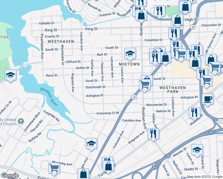 map of restaurants, bars, coffee shops, grocery stores, and more near 3917 Dartmouth Street in Portsmouth